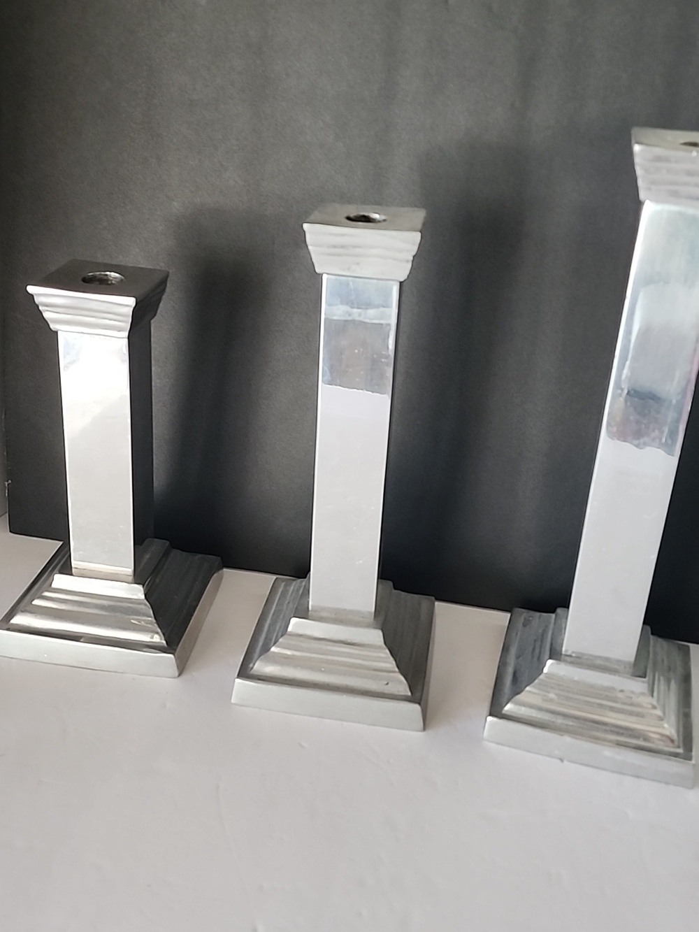 Polished Silver Color Metal Pillar CandleHolders Mirrorlike Candlesticks 3 Total
